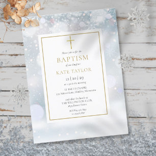 First Snowflakes Winter Baptism Christening Invitation Postcard
