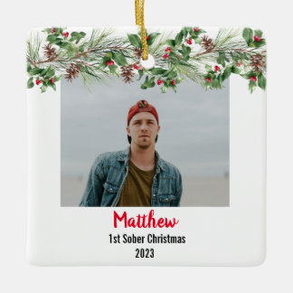 First Sober Christmas Minimal Photo Ceramic Ornament