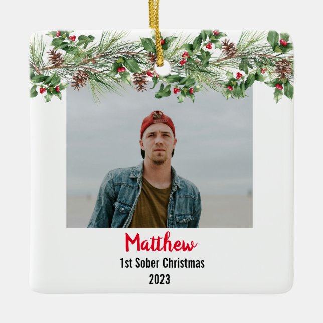  First Sober Christmas Minimal Photo Ceramic Ornament (Front)