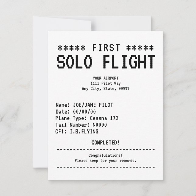 First Solo Flight Congratulations Flat Card (Front)