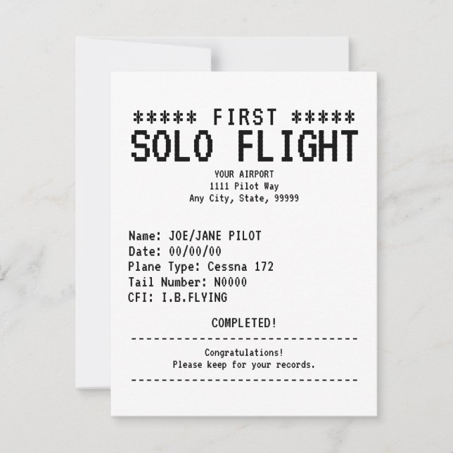 First Solo Flight Congratulations Flat Card (Front)