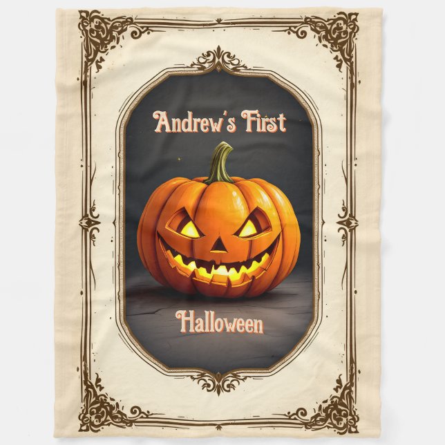 First Spooky Halloween Pumpkin Personalise Name  Fleece Blanket (Creator Uploaded)