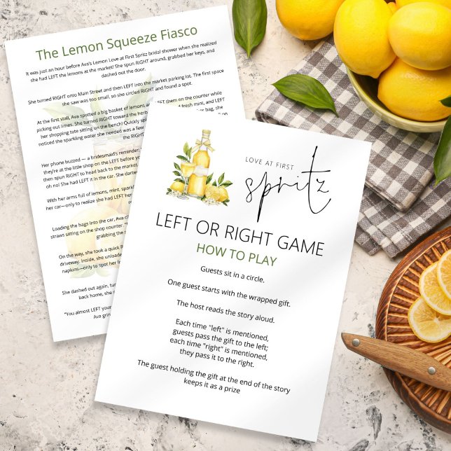 First Spritz Left Right Bridal Shower Game card (Front and back view)