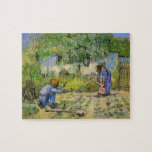 First Steps (after Millet) by Vincent van Gogh Jigsaw Puzzle<br><div class="desc">First Steps (after Millet) by Vincent van Gogh is a vintage fine art post impressionism daily life portrait painting featuring a daily life scene with a peasant farmer and his wife (mom and dad) with their child taking his or her first steps. The family is working in the vegetable garden...</div>