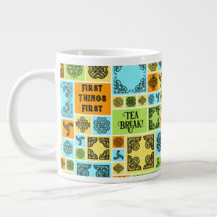 First Things First Tea Break! Funny Magenta & Blue Large Coffee Mug