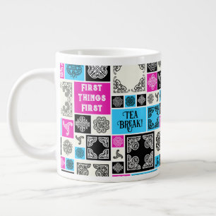 First Things First Tea Break! Funny Magenta & Blue Large Coffee Mug