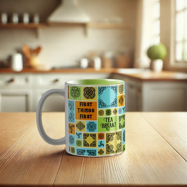 First Things First Tea Break! Funny Orange & Green Two-Tone Coffee Mug (Creator Uploaded)
