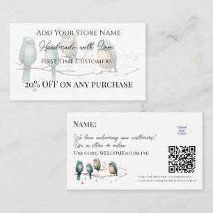 First-time Customers Handmade Birds Watercolor Discount Card