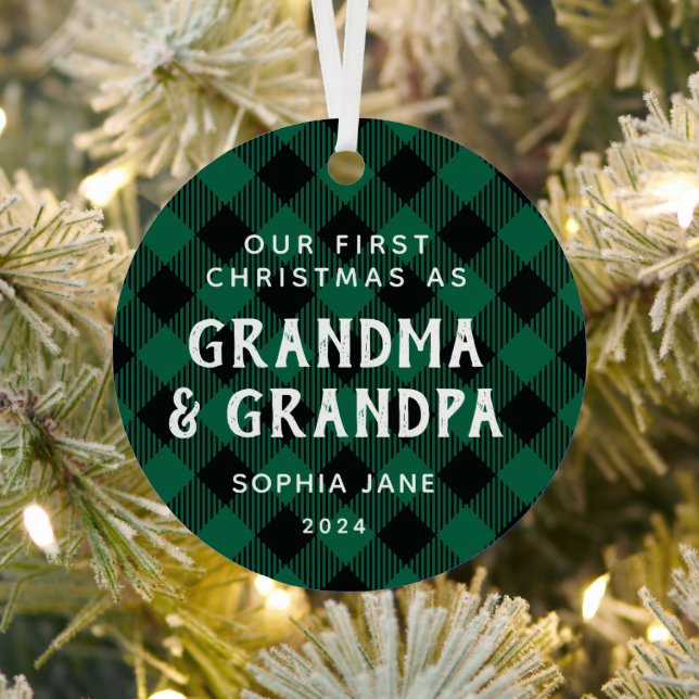 First Time Grandparents Christmas Rustic Plaid Metal Tree Decoration (Insitu)