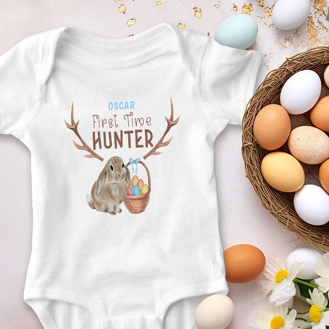 First Time Hunter Easter Bunny and Egg Basket Boy Baby Bodysuit (Personalized Bodysuit for Baby's First Easter Egg Hunt)