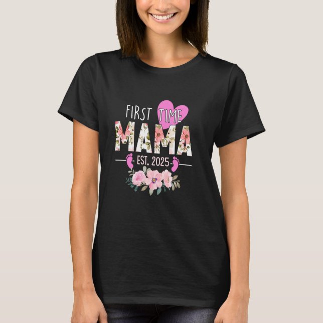 First Time Mama 2025 Floral Promoted to Mum Matchi T-Shirt (Front)