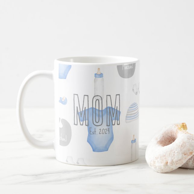 First-Time Mum Grey Year Established Baby's Name Coffee Mug (With Donut)