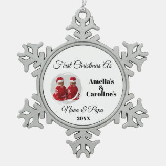 First Time Nana & Papa Cute Custom Twin Photo Snowflake Pewter Christmas Ornament
