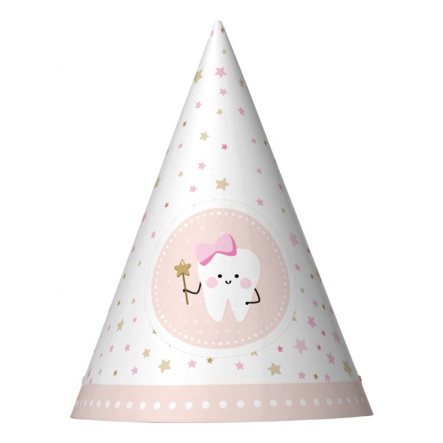 First Tooth Baby Peach Pink White Girl Party Hat (Front)