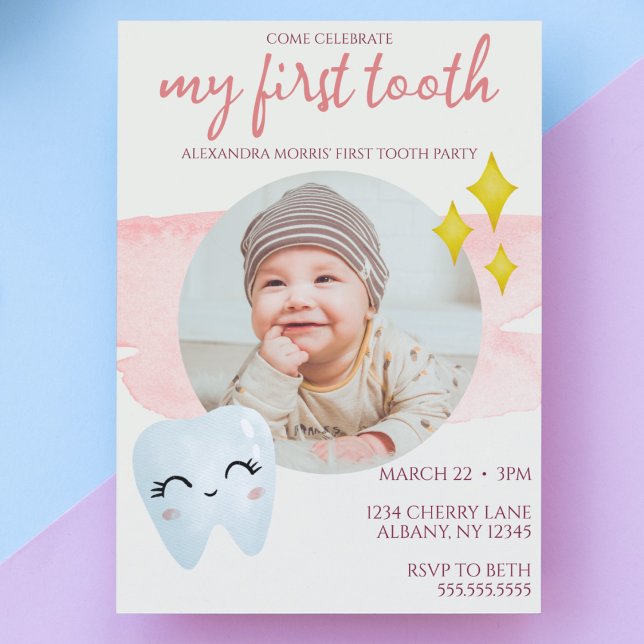 First Tooth Party Pink Cute Watercolor Photo Invitation ("my first tooth" party invite girls pink watercolor cute get together invitation adorable for her )