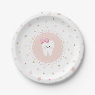First Tooth pink white party decor. Paper Plate