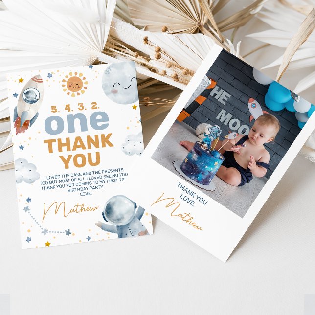 First Trip Around Sun 1st Birthday Thank You Card (First trip around the sun 1st birthday thank you card with the birthday party photo on the back.)