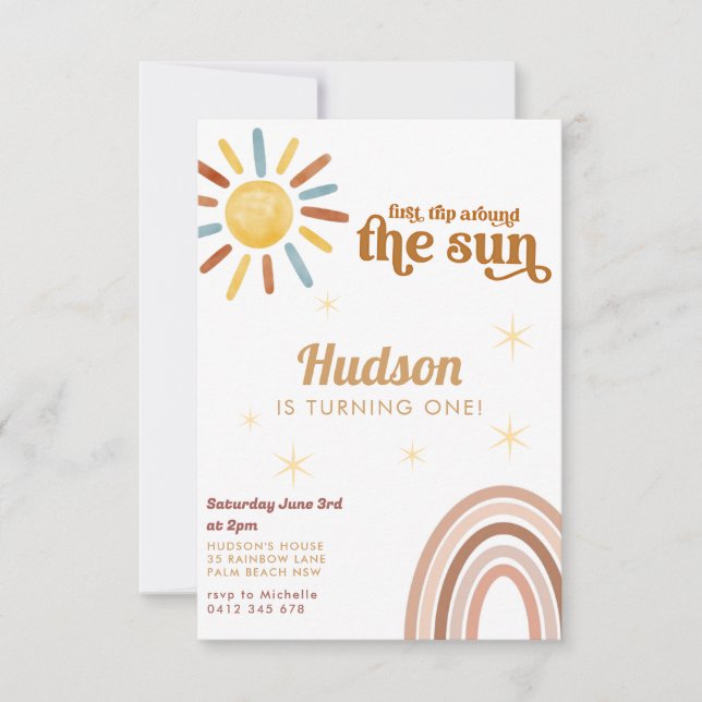 First Trip Around Sun Boho Rainbow 1st Birthday Invitation (Front)