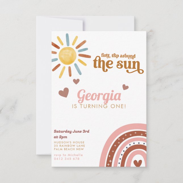 First Trip Around Sun Boho Rainbow 1st Birthday Invitation (Front)