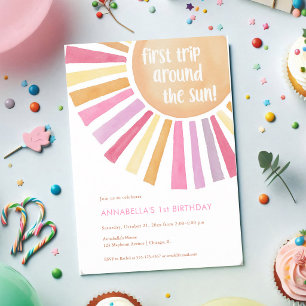 First Trip Around Sun Girl 1st Birthday Invitation