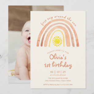 First Trip Around Sun Rainbow Photo 1st Birthday Invitation