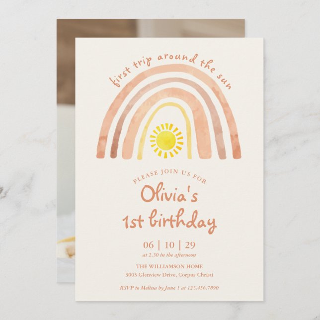 First Trip Around Sun Rainbow Photo 1st Birthday Invitation (Front/Back)