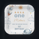 First Trip Around the Sun 1st Birthday Party Paper Paper Plate<br><div class="desc">First Trip Around the Sun 1st Birthday Party Paper Plate

Outer space or first trip around the sun first birthday paper plate for a baby boy featuring a sun,  moon,  stars,  spaceship and astronaut in an orange and gray blue color.</div>