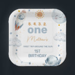 First Trip Around the Sun 1st Birthday Party Paper Paper Plate<br><div class="desc">First Trip Around the Sun 1st Birthday Party Paper Plate

Outer space or first trip around the sun first birthday paper plate for a baby boy featuring a sun,  moon,  stars,  spaceship and astronaut in an orange and gray blue color.</div>