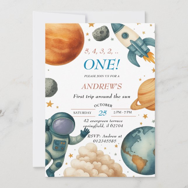 First Trip Around the Sun Astronaut Birthday Party Invitation (Front)