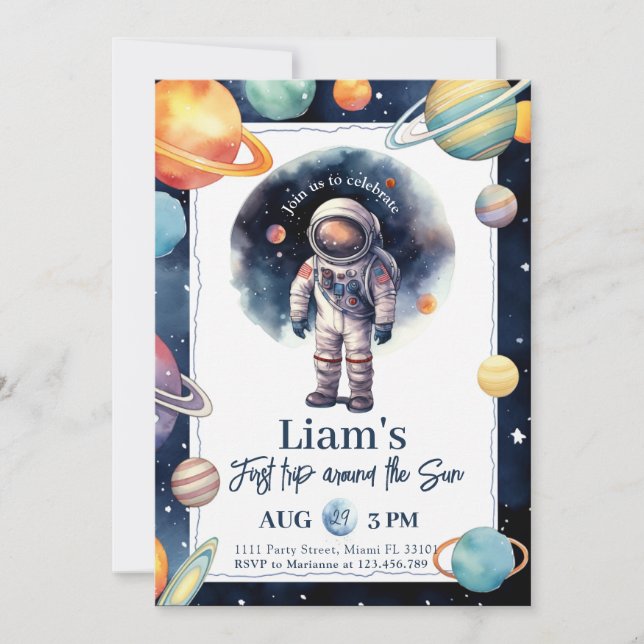 First Trip Around The Sun Astronaut Space Birthday Invitation (Front)