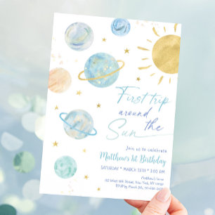 First Trip Around the Sun Blue Space Birthday Invitation
