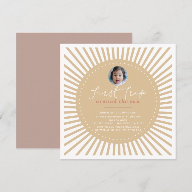 First Trip Around The Sun Boho Photo 1st Birthday Invitation (Front/Back)