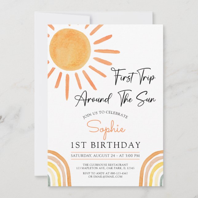 First Trip Around the Sun Boho Rainbow Birthday Invitation (Front)