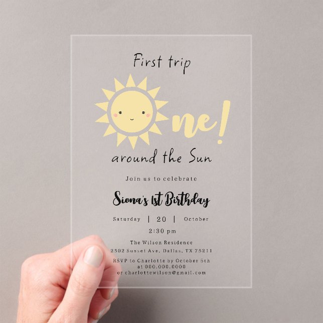 First Trip Around The Sun Cute 1st Birthday Acrylic Invitations (Insitu (Handheld))