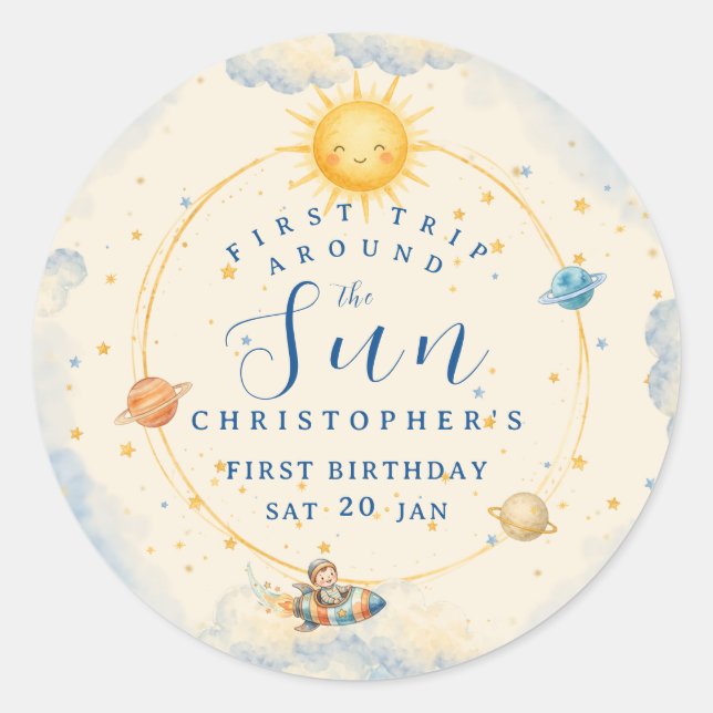 First Trip Around the Sun First Birthday Classic Round Sticker (Front)