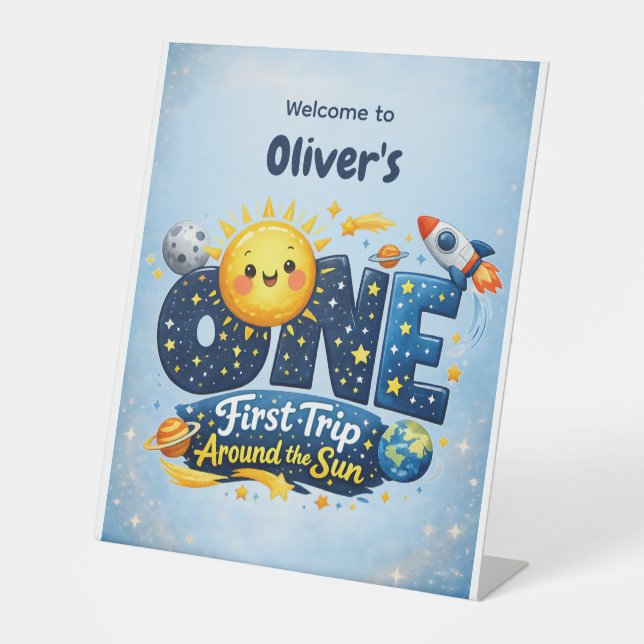 First Trip Around the Sun First Birthday Welcome Pedestal Sign (Front)