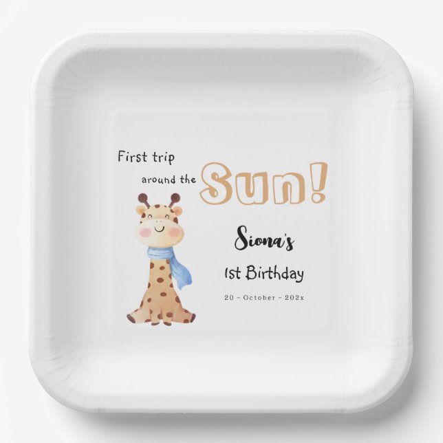 First Trip Around The Sun Giraffe 1st Birthday Paper Plate (Front)