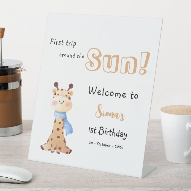 First Trip Around The Sun Giraffe 1st Birthday Pedestal Sign (In SItu)