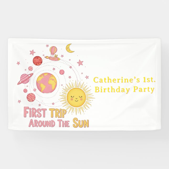 First Trip Around The Sun Girl 1st. Birthday Party Banner (Horizontal)