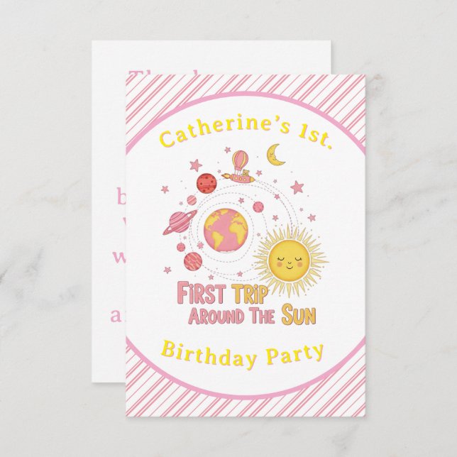 First Trip Around The Sun Girl 1st. Birthday Party Thank You Card (Front/Back)