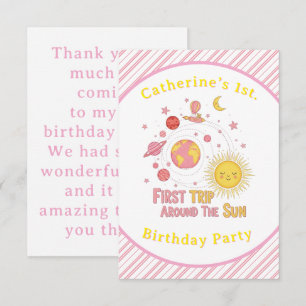 First Trip Around The Sun Girl 1st. Birthday Party Thank You Card