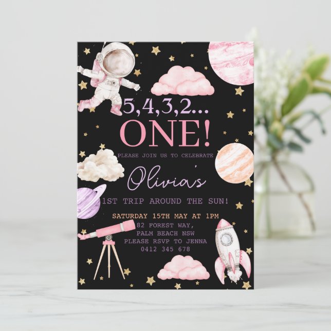 First Trip Around the Sun Girl black 1st Birthday  Invitation (Standing Front)