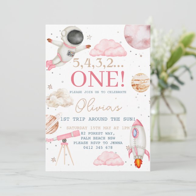 First Trip Around the Sun Girl Space 1st Birthday Invitation (Standing Front)