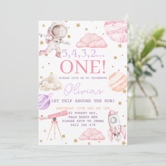 First Trip Around the Sun Girl Space 1st Birthday  Invitation (Standing Front)