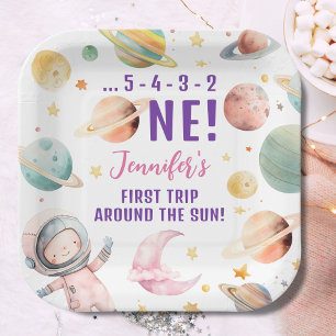 First Trip Around the Sun Girl Space 1st Birthday Paper Plate
