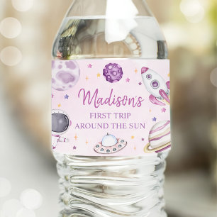 First Trip Around The Sun Girl Space 1st Birthday Water Bottle Label