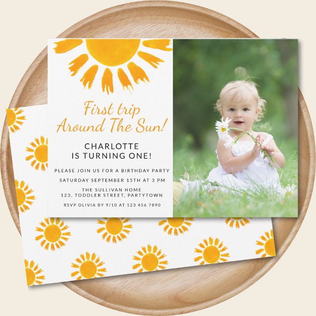 First Trip Around The Sun Girl's Photo Birthday  Invitation (Creator Uploaded)