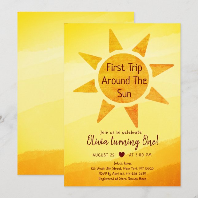 First Trip Around The Sun Gold Sunshine Birthday Invitation (Front/Back)
