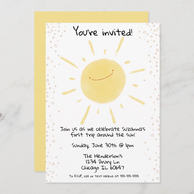 First Trip Around the Sun Happy Yellow Birthday Invitation (Front/Back)