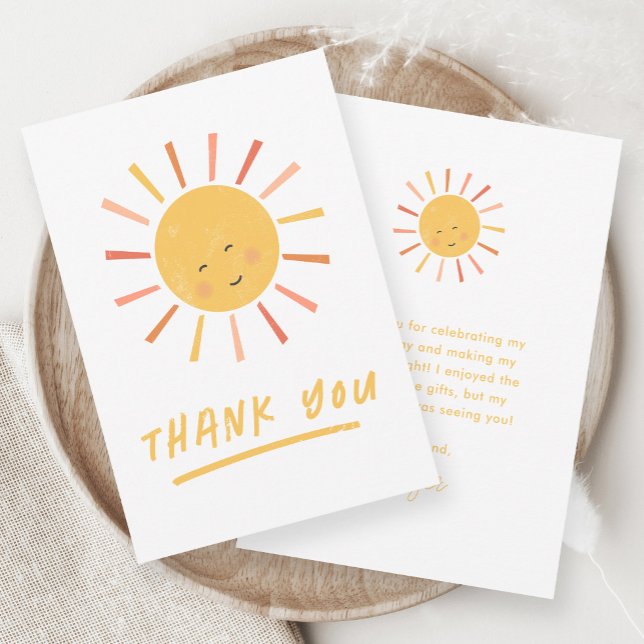 First Trip Around the Sun Kids Birthday  Thank You Card (Hand-drawn modern sun illustration kids birthday party thank you note card.)